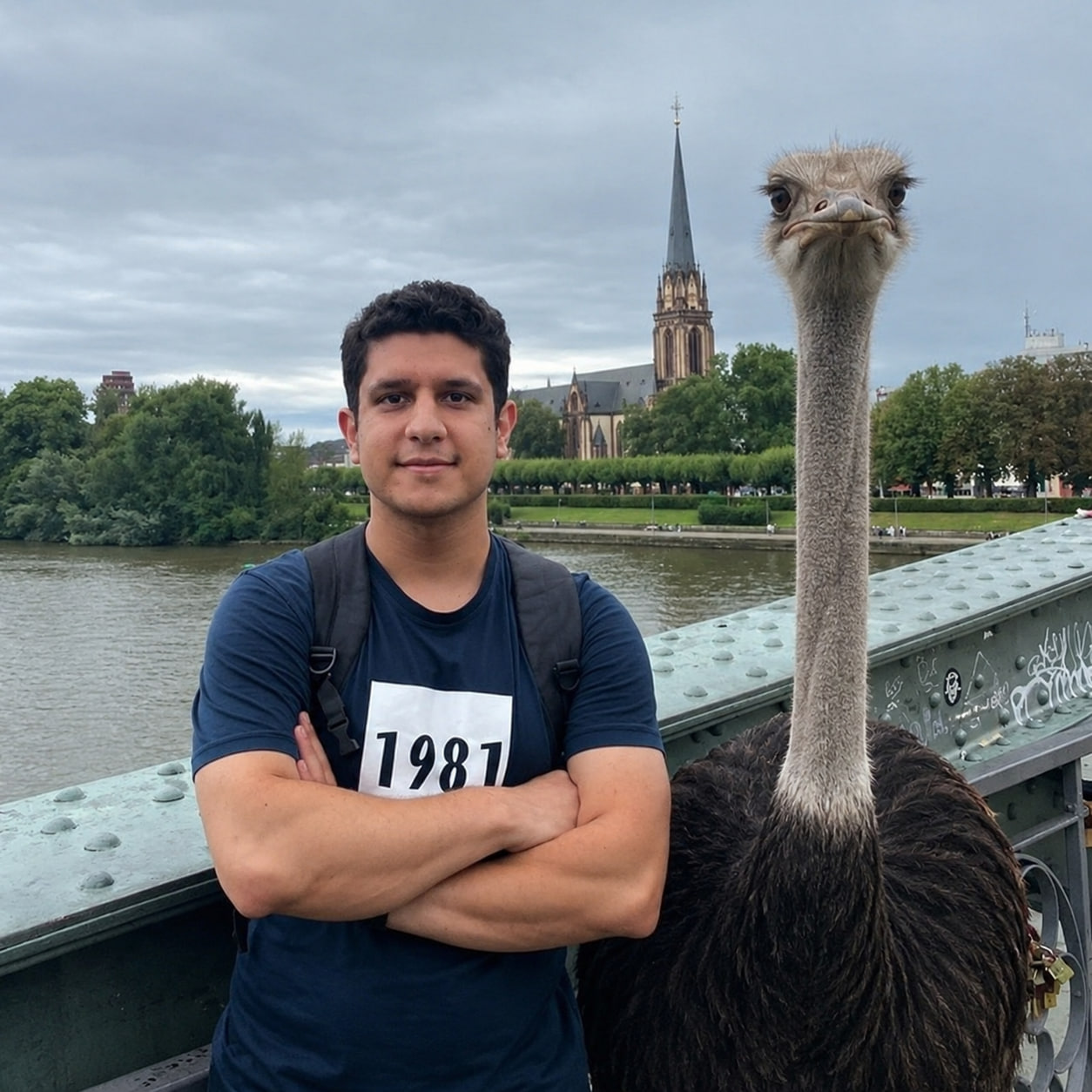 Amir Kooshky, on the left, beside an ostrich.